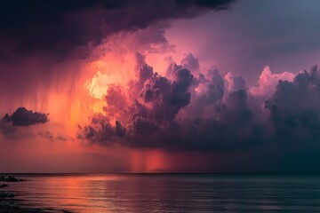 Dramatic sunset over calm waters with vibrant storm clouds approaching