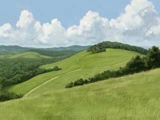 Fototapeta premium Emerald hills bask under a tranquil sky