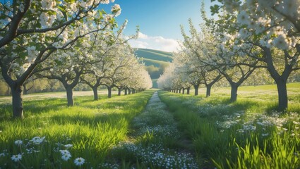 Springtime perspective of blossomed apple trees in a fruit orchard with green grass meadow