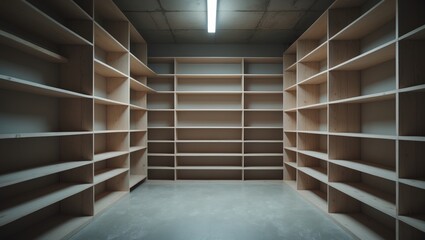Fototapeta premium Unfinished pantry or walk-in closet interior showing unpainted wooden shelves, floor, and ceiling