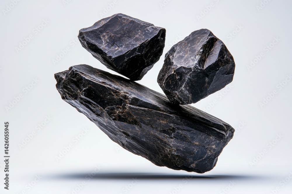 Poster a cluster of asteroid-like stones floating in the air against a white background