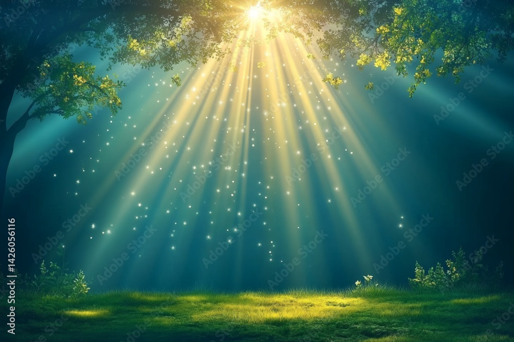 Poster sunlight streams through trees illuminating a tranquil forest clearing during early morning hours ne