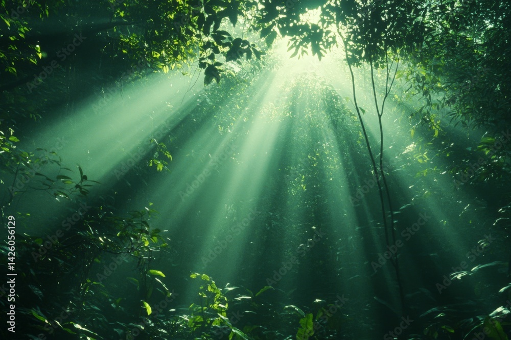 Poster sunlight filters through dense forest canopy in a serene and vibrant tropical rainforest setting