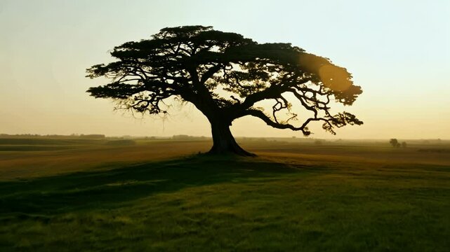 Giant monkey pod tree standing alone in green field at sunrise