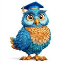 Naklejka premium Cartoon Owl in Graduation Cap with Blue Feathers and Gold Details on White Background