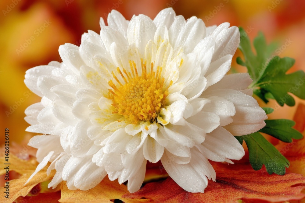Poster white chrysanthemum flower rests on colorful autumn leaves with droplets of water in a serene settin