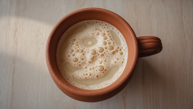 A traditional clay cup filled with hot milk tea viewed from above on a light wooden surface