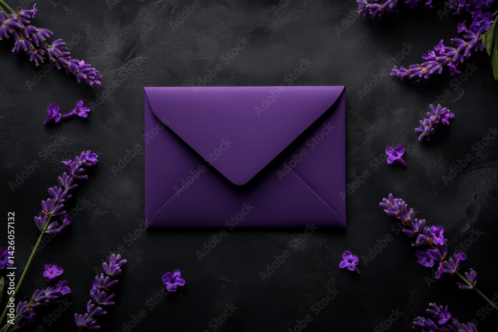 Poster a flat lay of an open purple envelope on top, surrounded by delicate lavender flowers and petals, cr