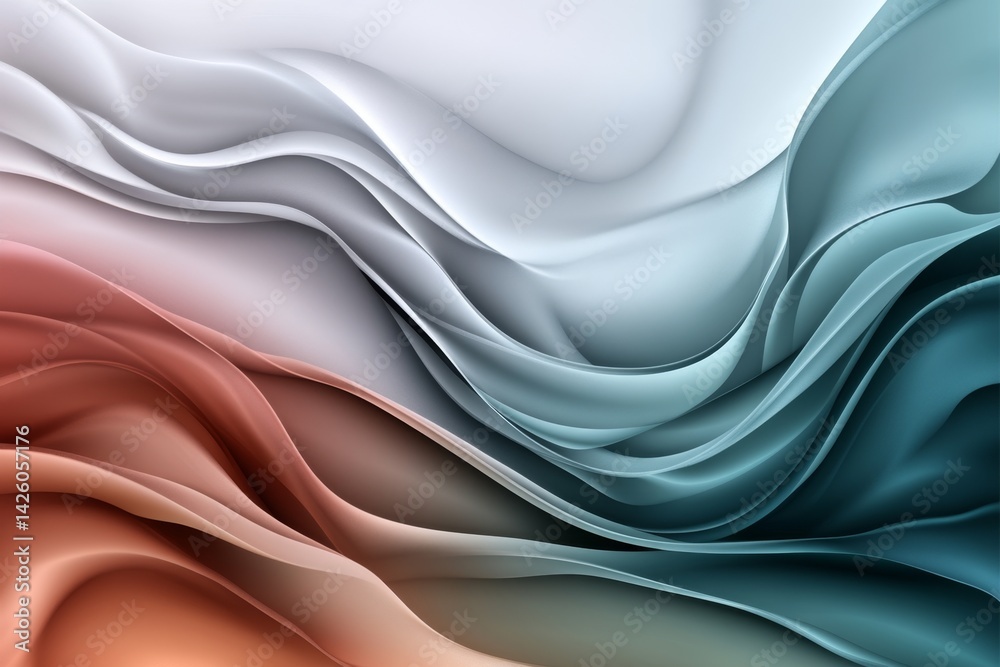 Poster A flat vector background with soft pastel colors, featuring an abstract representation of waves and sand dunes in the desert. The design incorporates muted teal, sandy beige, and warm coral