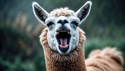 Obraz premium Close-up of a yawning alpaca with open mouth and teeth capturing a humorous animal moment