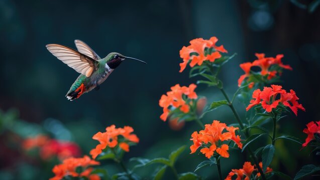 A hummingbird hawk-moth in flight over garden flowers with a blurred background