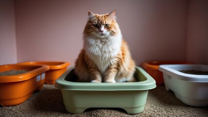 Kitten testing a plastic litter tray filled with sand or clumping material