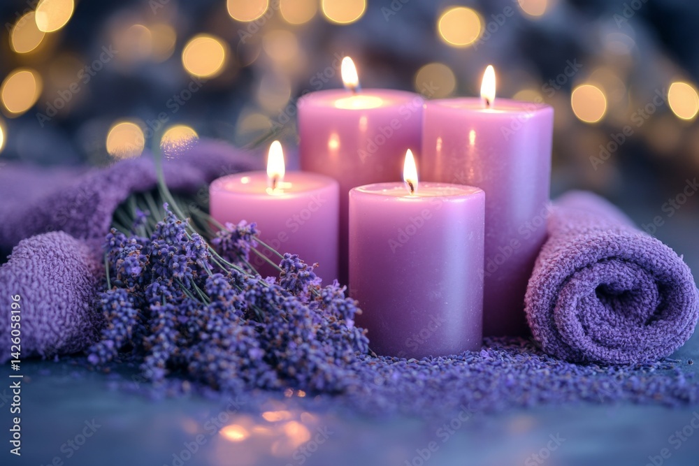 Aufkleber Lavender candles and towels create a calming atmosphere in a serene setting during evening relaxation
