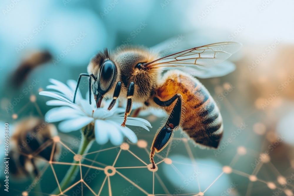 Poster bee pollinating daisy flower in a natural habitat with soft focus background and network design