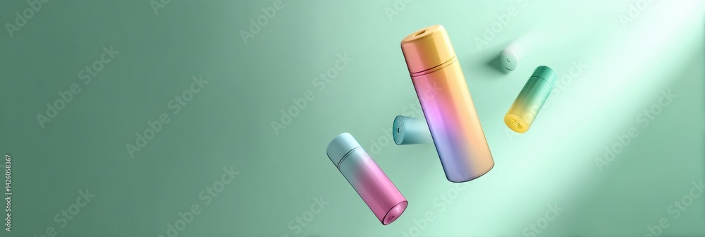 Poster floating rainbow-colored inhaler on a mint background with soft lighting creates a whimsical scene o