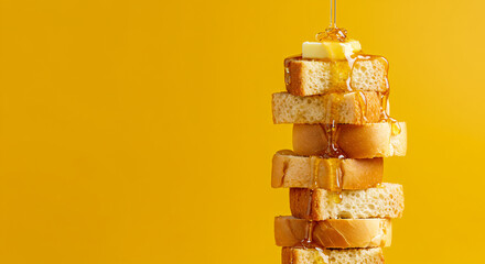 A stack of small, cubed pieces of bread, positioned vertically in the image's centre. Honey is dripping down the stack from the top