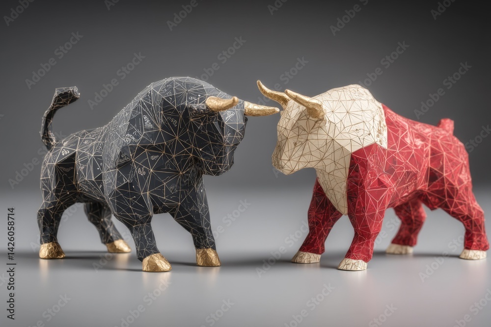 Aufkleber two geometric bull figurines in contrasting colors engaged in a dynamic standoff