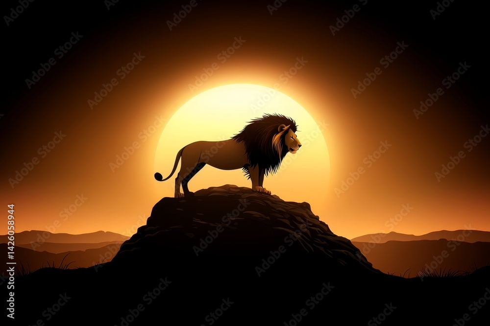Aufkleber a majestic lion stands atop a mountain, overlooking its kingdom under the setting sun. this vector i