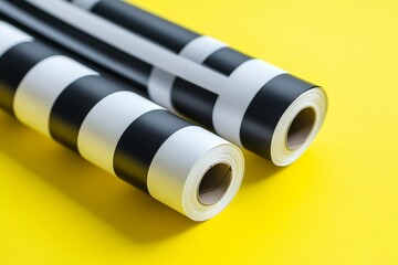 Fototapeta premium Striped black and white rolls on a vibrant yellow background showcasing creative design potential