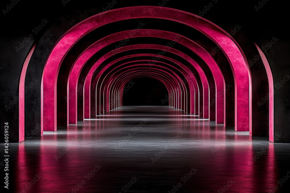 Poster A minimalist and psychedelic design of an empty room with walls made from pink arches, casting soft shadows on the floor, creating an atmosphere that is both dreamy and surreal. The use of bright