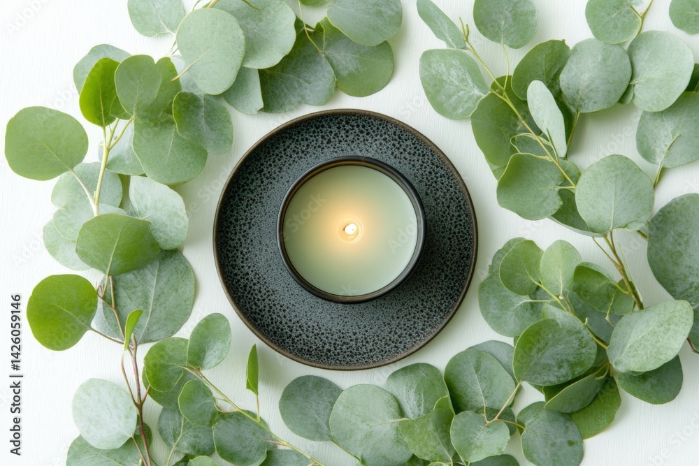 Poster relaxing candle surrounded by eucalyptus leaves on a light background in a serene setting