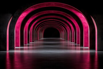 Naklejka premium A minimalist and psychedelic design of an empty room with walls made from pink arches, casting soft shadows on the floor, creating an atmosphere that is both dreamy and surreal. The use of bright