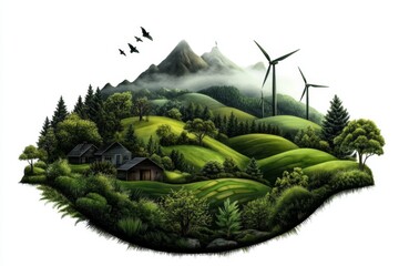 A minimalist watercolor illustration of an eco-friendly village with wind turbines and greenery, set against a white background for use as clipart on the right side. The design is simple yet