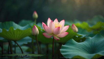 A pink lotus flower bud in full bloom amidst green foliage
