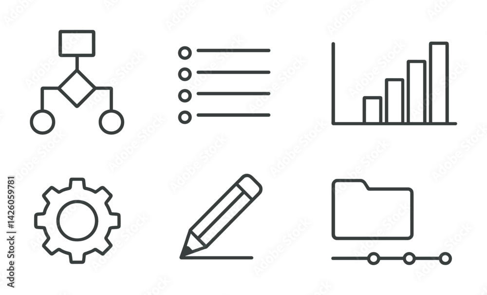 Poster data management icon set: 3d linear style with graphs and tools