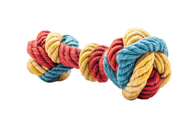 Dog toy made of rope with a blue, red, and yellow rope on transparent or white background