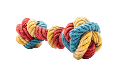 Dog toy made of rope with a blue, red, and yellow rope on transparent or white background