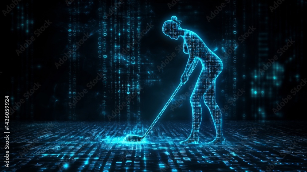 Leinwandbilder A person mopping the floor with binary code on it, symbolizing cleaning up and adjusting computer data in software development.