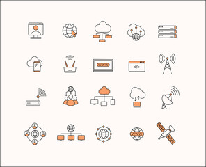 internet set of icons stroke line with orange accent, connection icon collection, connected to people, signal internet.