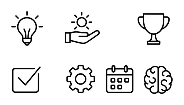Essential outline icon set: lightbulb, hand with sun, trophy, checkmark, gear, calendar, brain