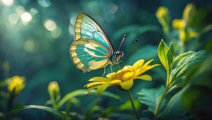 Detailed shot of a winged butterfly on a tiny yellow petal amidst lush flora