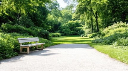 Fototapeta premium Tranquil park path with bench. Lush greenery, open space, and a peaceful atmosphere
