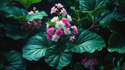 A vibrant begonia with colorful flowers and lush, glossy leaves in full bloom