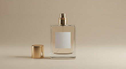 Elegant glass perfume bottle with gold cap and blank label mockup on beige background for branding and advertising