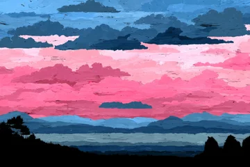 Selbstklebende Fototapeten Stunning sunset paints the sky in vibrant pinks, blues, and purples over a serene mountain landscape © ChaoticMind