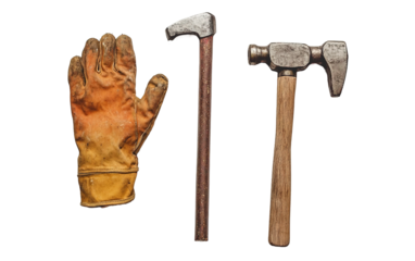 Hammer, a pair of gloves and a mallet are shown in a row on transparent or white background
