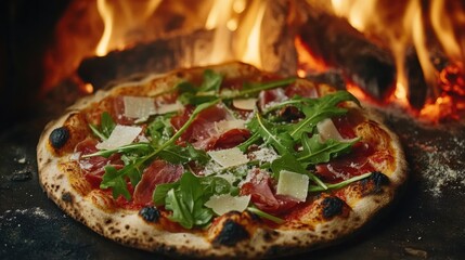 Wood-fired pizza with prosciutto, arugula, and Parmesan
