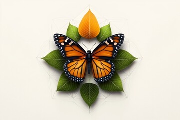 Obraz premium A vector illustration of an elegant, flat design featuring butterflies and leaves in the center with geometric shapes forming a circle around it. The color scheme includes green, orange, and