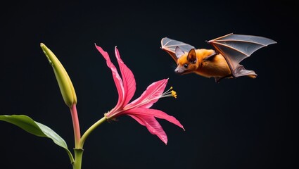 Wildlife observation: orange nectar bat in flight sipping nectar from a red banana flower in Central America's rain forest