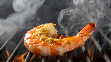 Grilled shrimp sizzling on open flame, showcasing delicious glaze and smoky aroma, perfect for seafood lovers