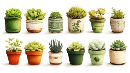 Fototapeta premium A Charming Collection of Succulents in Rustic Pots, Displayed Elegantly Against a White Background