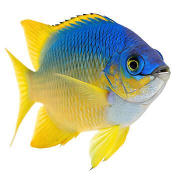 damselfish Fish in transparent background.Stunning Vibrant Yellow and Blue Tropical Fish Aquatic Life Marine Animal