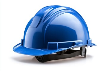 Fototapeta premium Bright blue construction helmet placed on a white background highlighting safety equipment for workers
