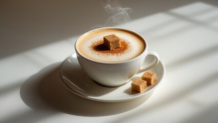Fototapeta premium Isolated Cup of Cappuccino with Froth, Cinnamon, and Lump Sugar on White Background
