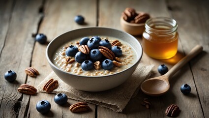 Nutritious oat bran milk porridge with honey and blueberries on a wooden background with a spoon and honey jar