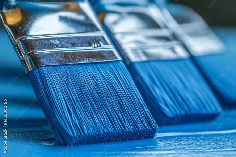 Poster brushes coated in vibrant blue paint on a smooth surface ready for artistic creation at midday